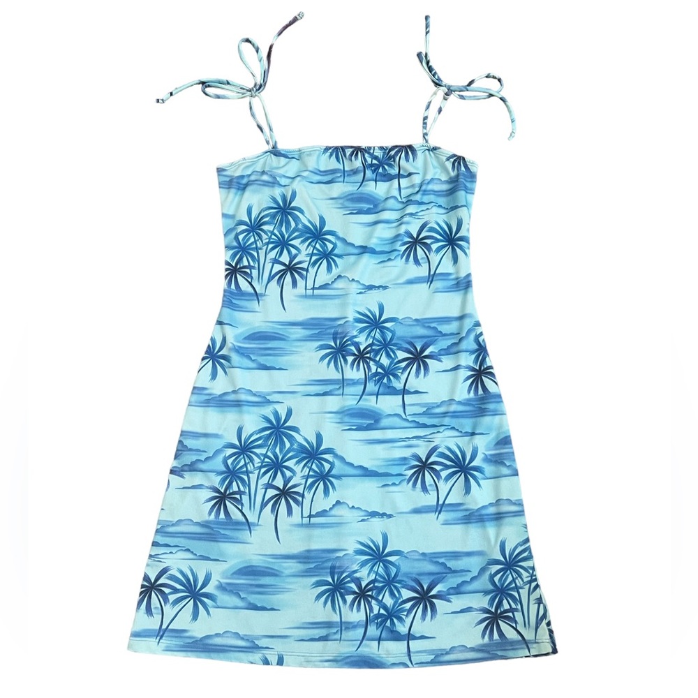 Vintage Y2K Tropical Mini Dress Aqua Blue S